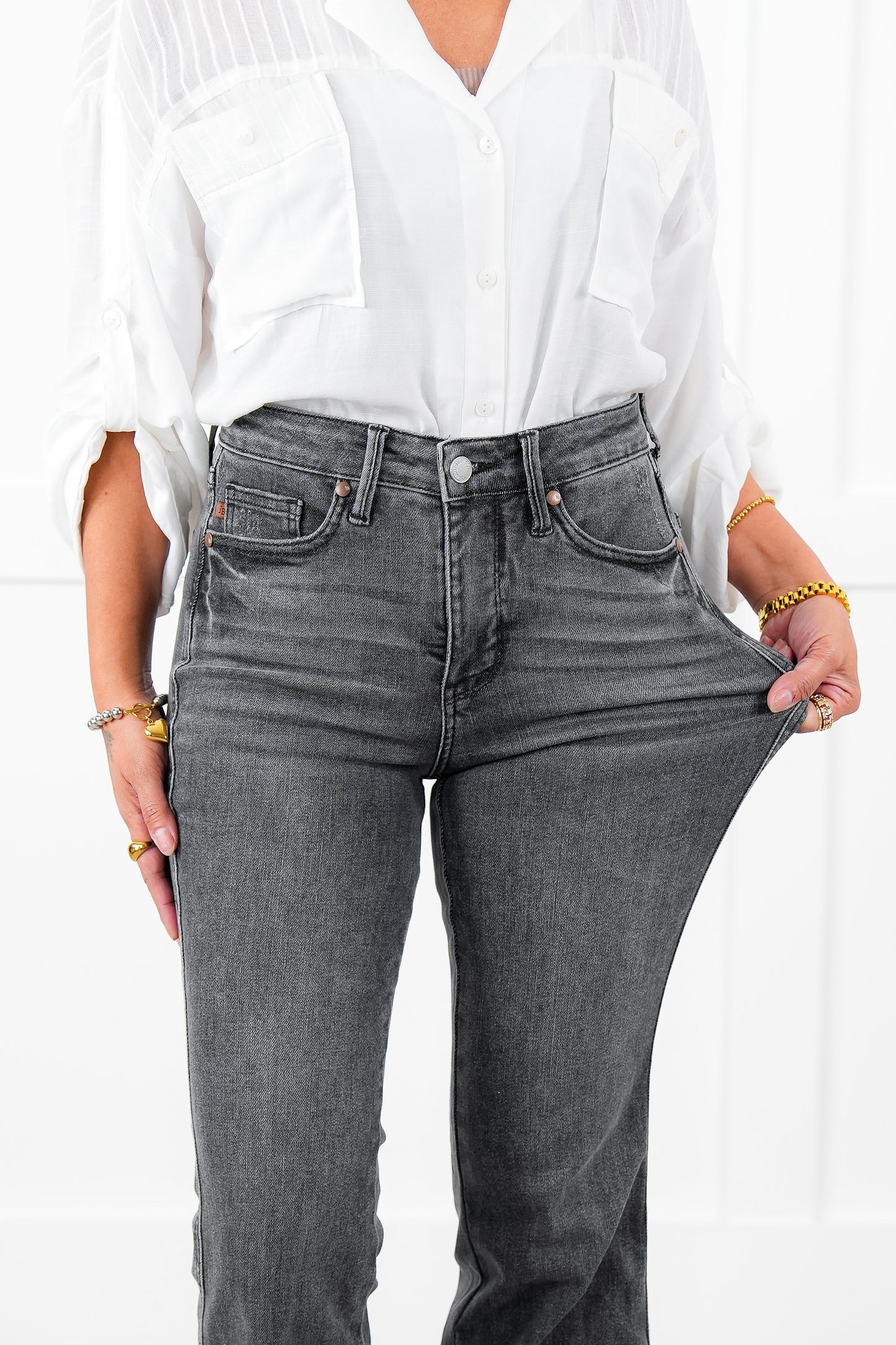 Judy Blue  The Luna Mid Rise Washed Gray Tummy Control Release Hem Flare Jeans