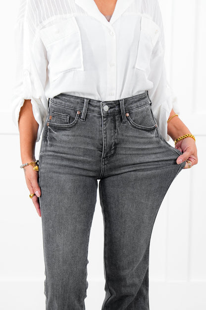 Judy Blue  The Luna Mid Rise Washed Gray Tummy Control Release Hem Flare Jeans