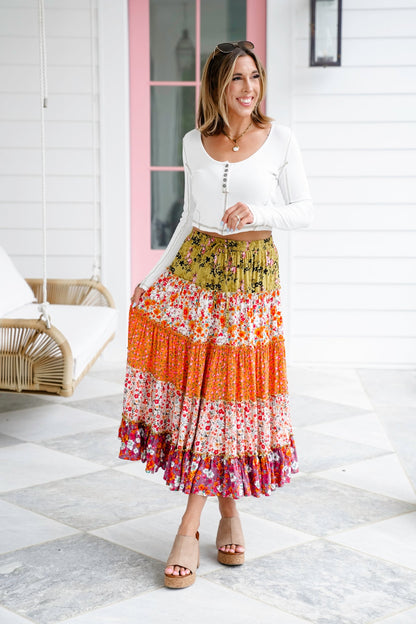 Plus/Reg Mixed Floral Print Elastic Waist Tiered Skirt