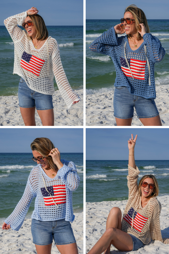 POL Loose Knit Long Sleeve Hooded Sweater with American Flag Detail