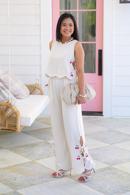 Linen Blend Elastic Waist Pants with Embroidered Cherry Detail
