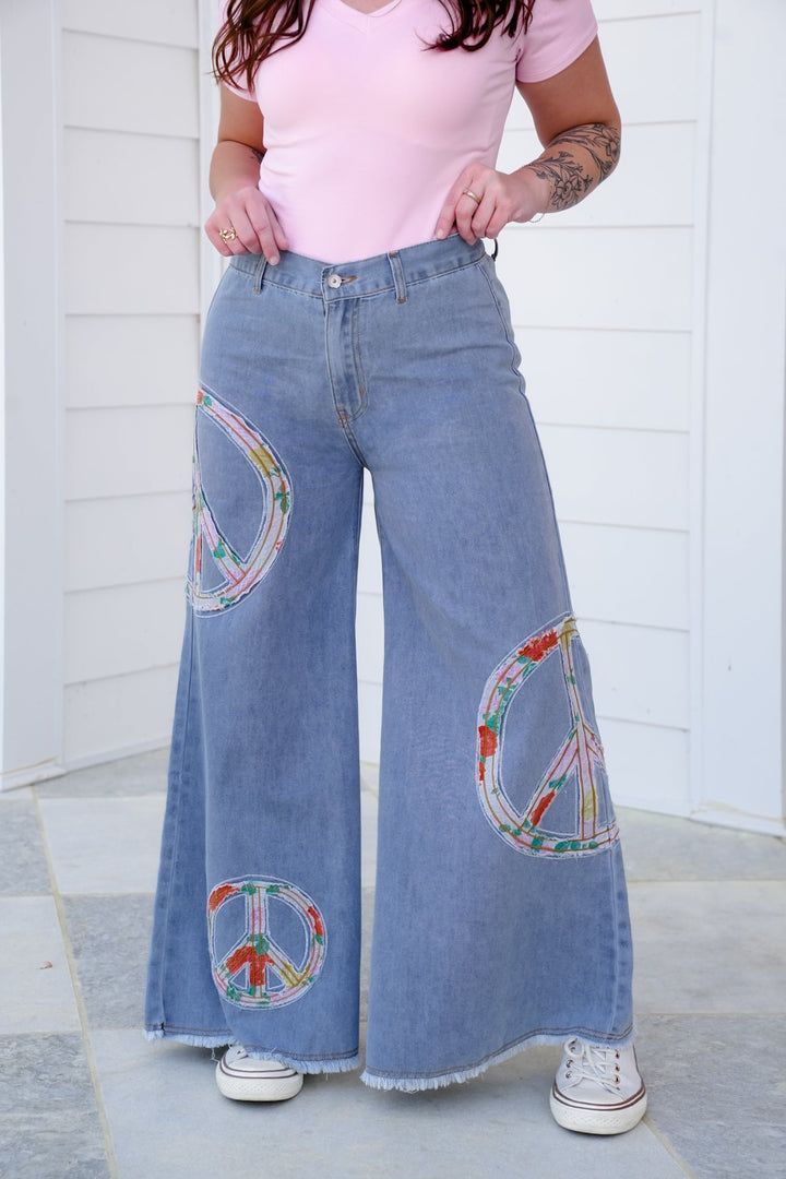 POL Vintage Wash Denim Wide Leg Pants with Peace Sign Patch Detail