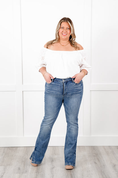 Judy Blue High Rise Medium Vintage Wash Tummy Control Slim Bootcut Jeans with Side Slit