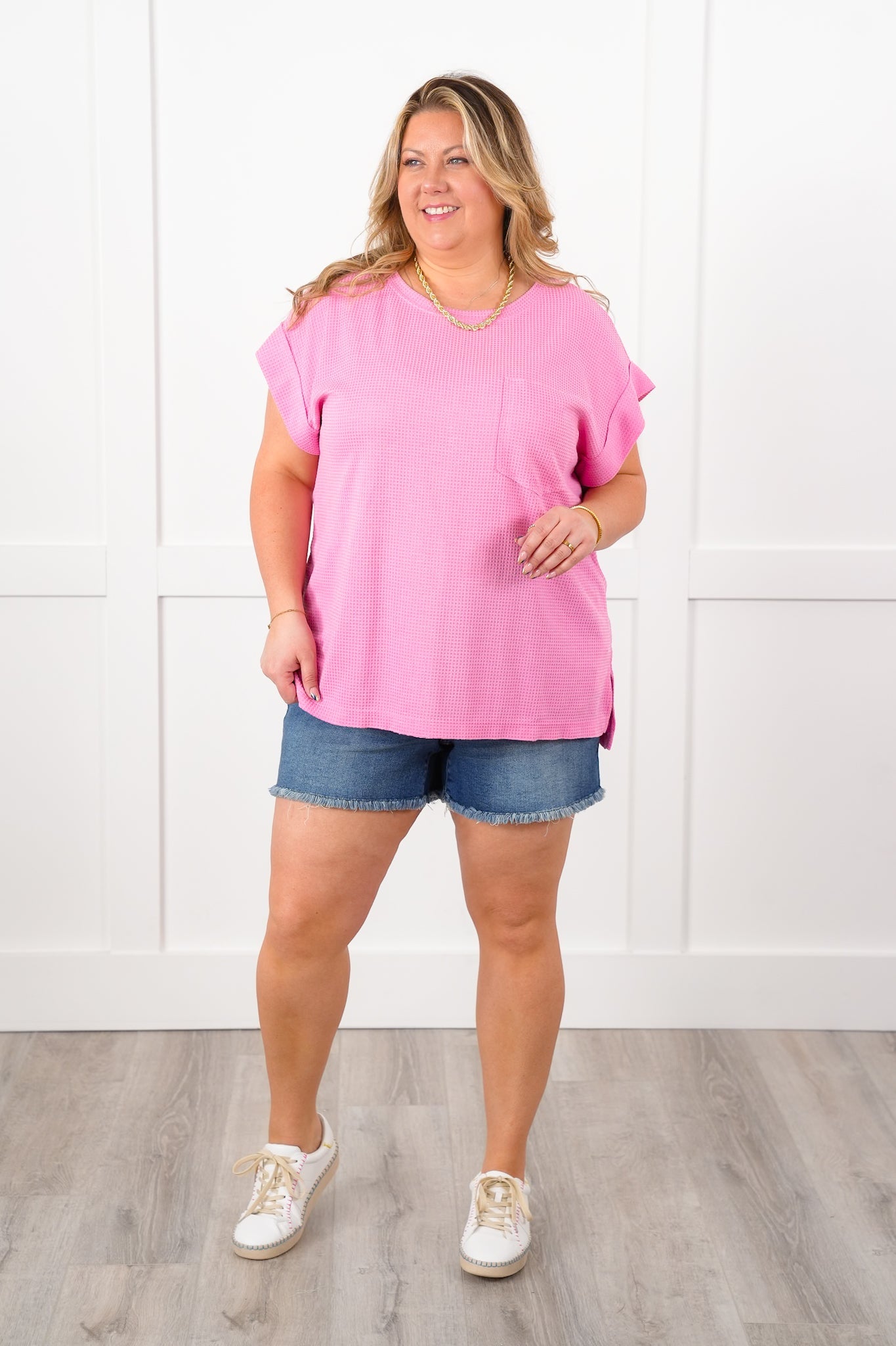 Door Buster! Plus/Reg Waffle Knit Short Dolman Sleeve Round Neck Top