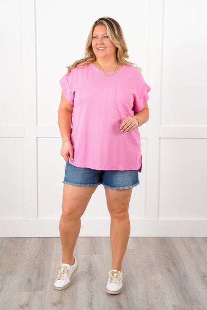 Door Buster! Plus/Reg Waffle Knit Short Dolman Sleeve Round Neck Top