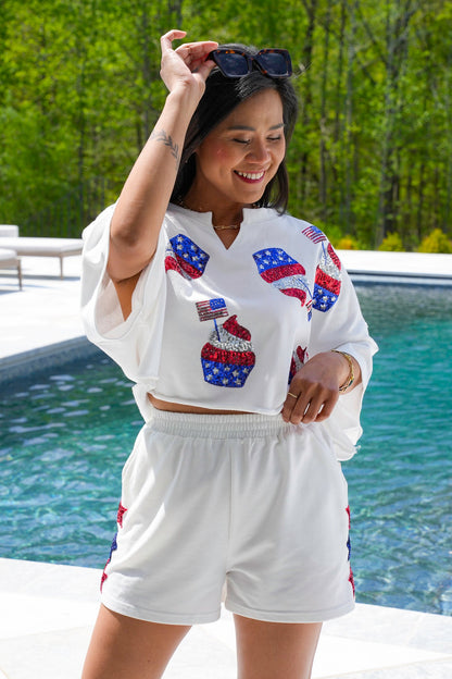 Short Sleeve Cropped Tee Shirt with Sequin American Flag Cupcake Detail