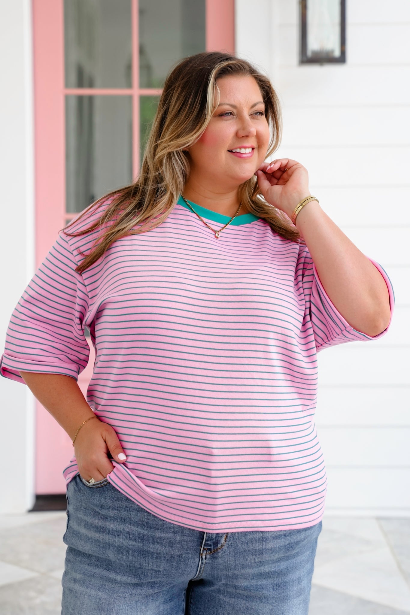 Plus/Reg Stripe Short Sleeve Round Neck Top with Tie Back Detail
