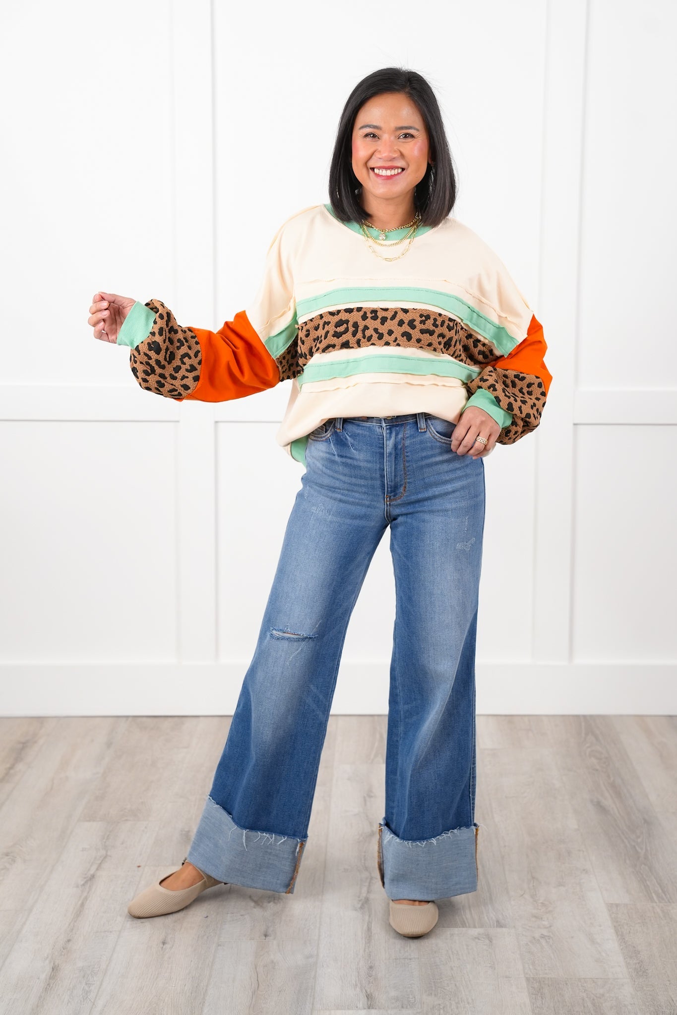 Color Block Long Sleeve Pullover Top with Leopard Detail