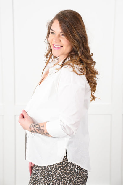 Plus/Reg White Long Sleeve Button Down Shirt with Button and Lace Up Back Detail
