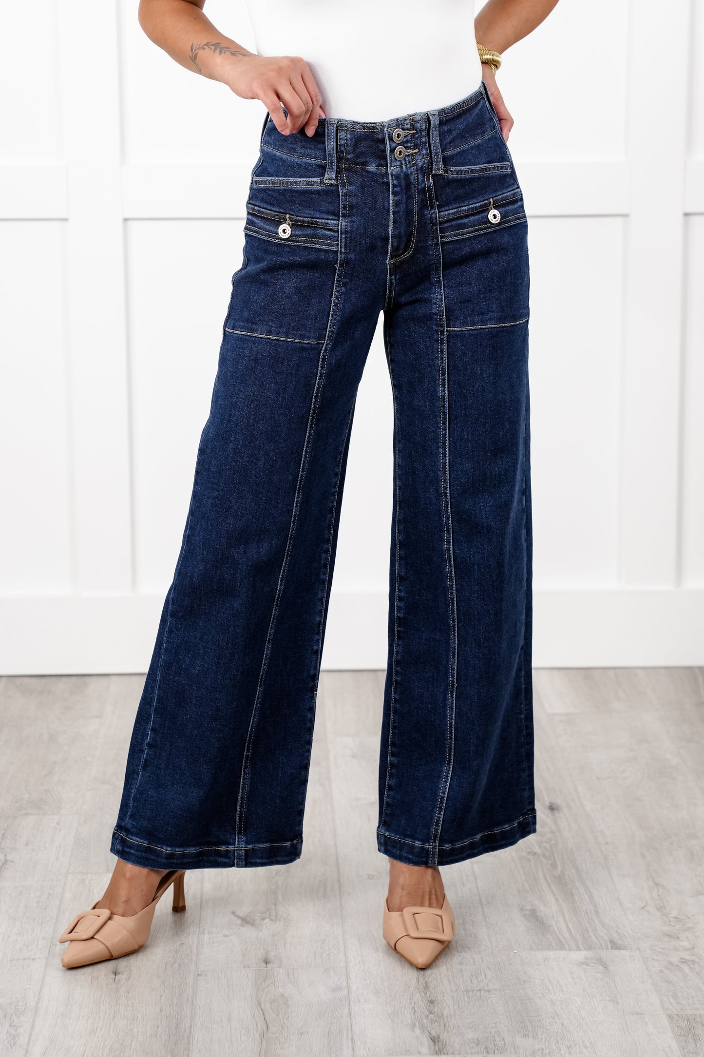 Mica High Rise Dark Wash Double Button Front Seam Wide Leg Jeans