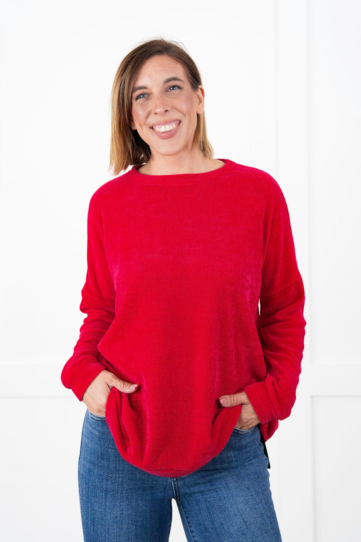 Plus/Reg Solid Chenille Long Sleeve Round Neck Top (Multiple Colors)