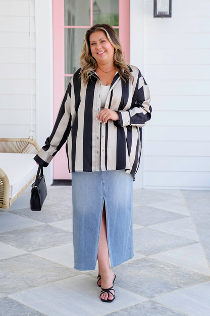 Satin Stripe Long Sleeve Button Down Blouse