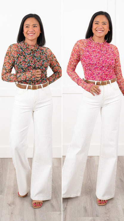 Restock! Plus/Reg Floral Mesh Long Sleeve Mock Neck Top