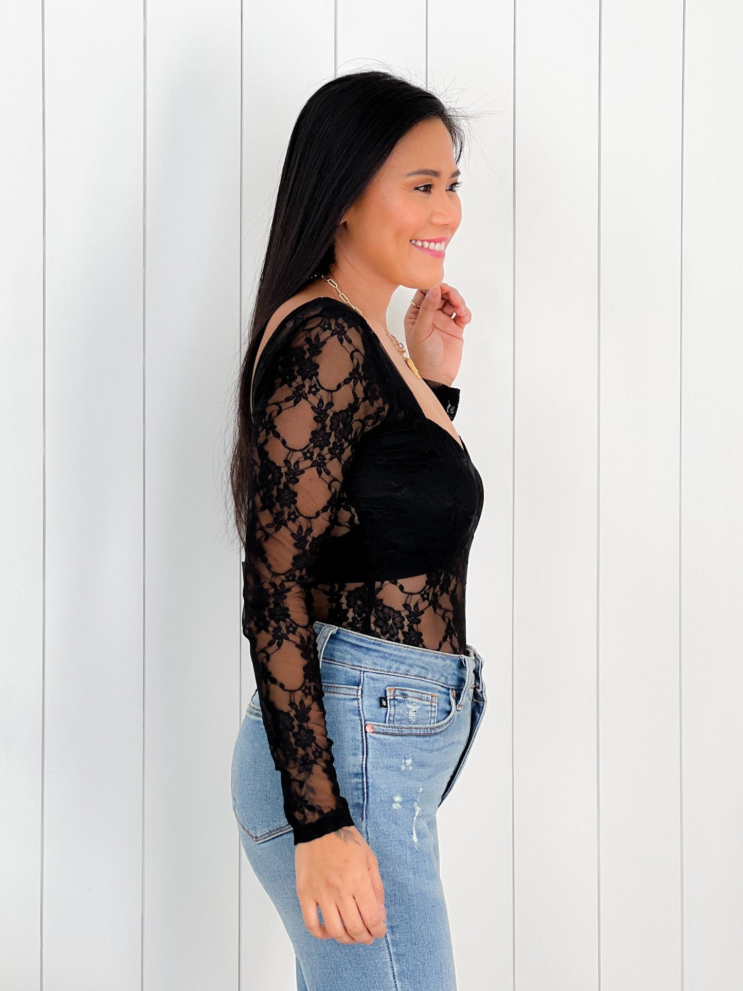 Black Floral Lace Long Sleeve Bodysuit