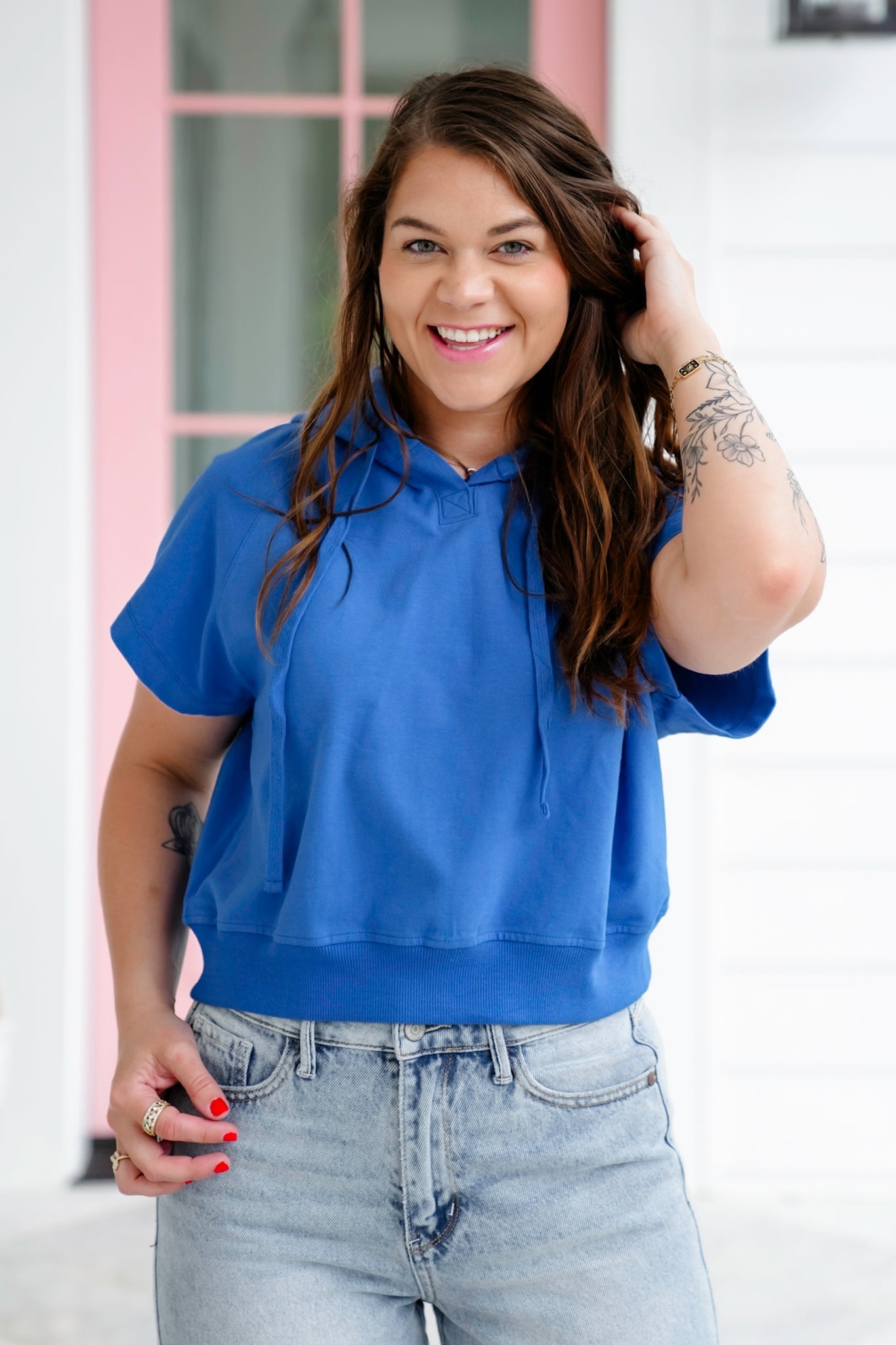 Plus/Reg Cotton Blend Short Sleeve Hoodie Top