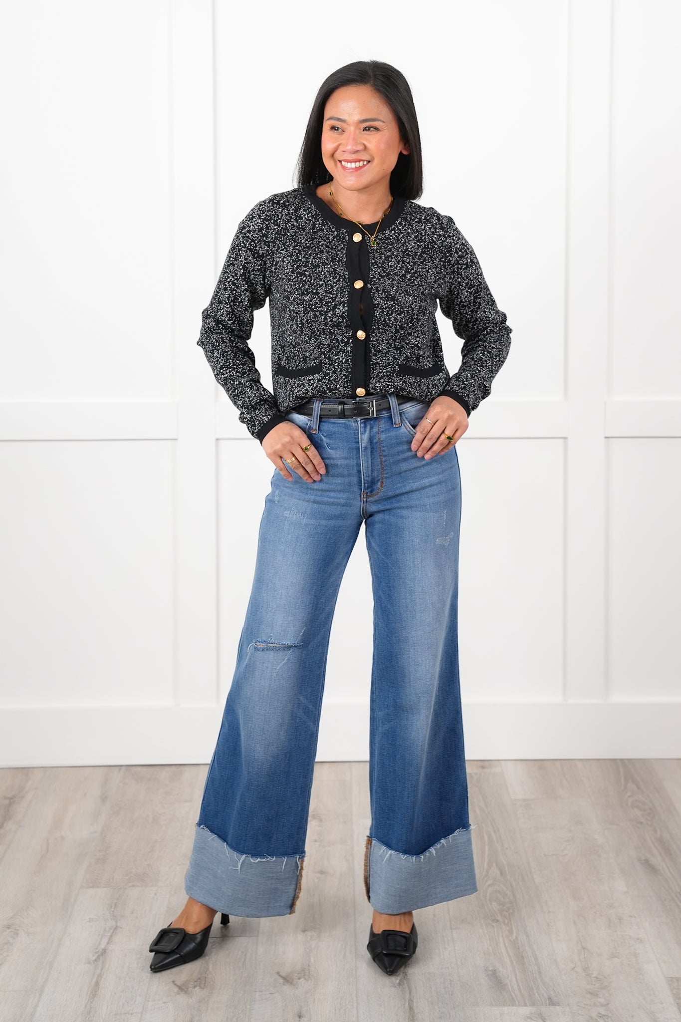 Black Speckled Long Sleeve Button Down Cardigan
