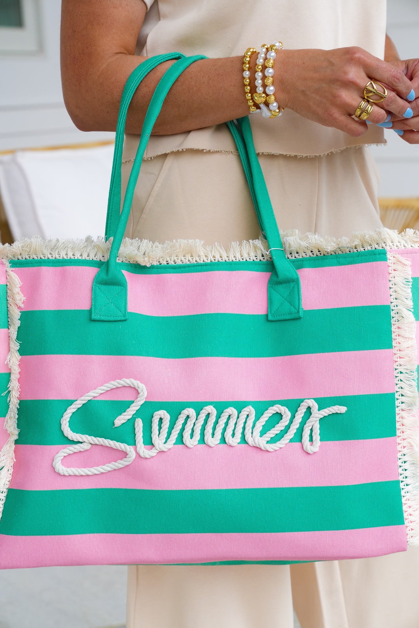 Striped Canvas "Summer" Tote Bag with Fringe & Button Closure