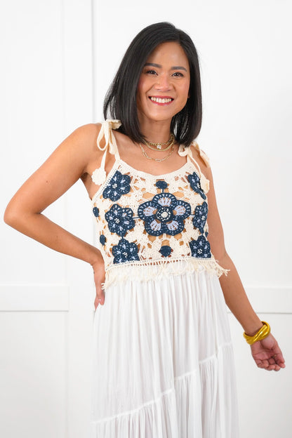 POL Floral Crochet Sleeveless Cropped Top with Fringe Detail