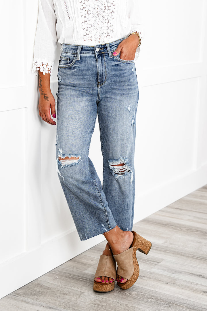 Judy Blue About Last Night Light Wash Destroyed Wide Leg Cropped Jeans