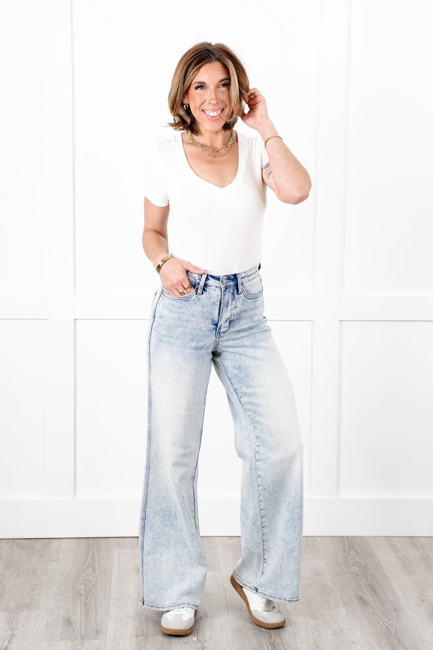 Judy Blue High Rise Light Wash Tummy Control Retro Wide Leg Jeans