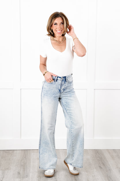 Judy Blue High Rise Light Wash Tummy Control Retro Wide Leg Jeans