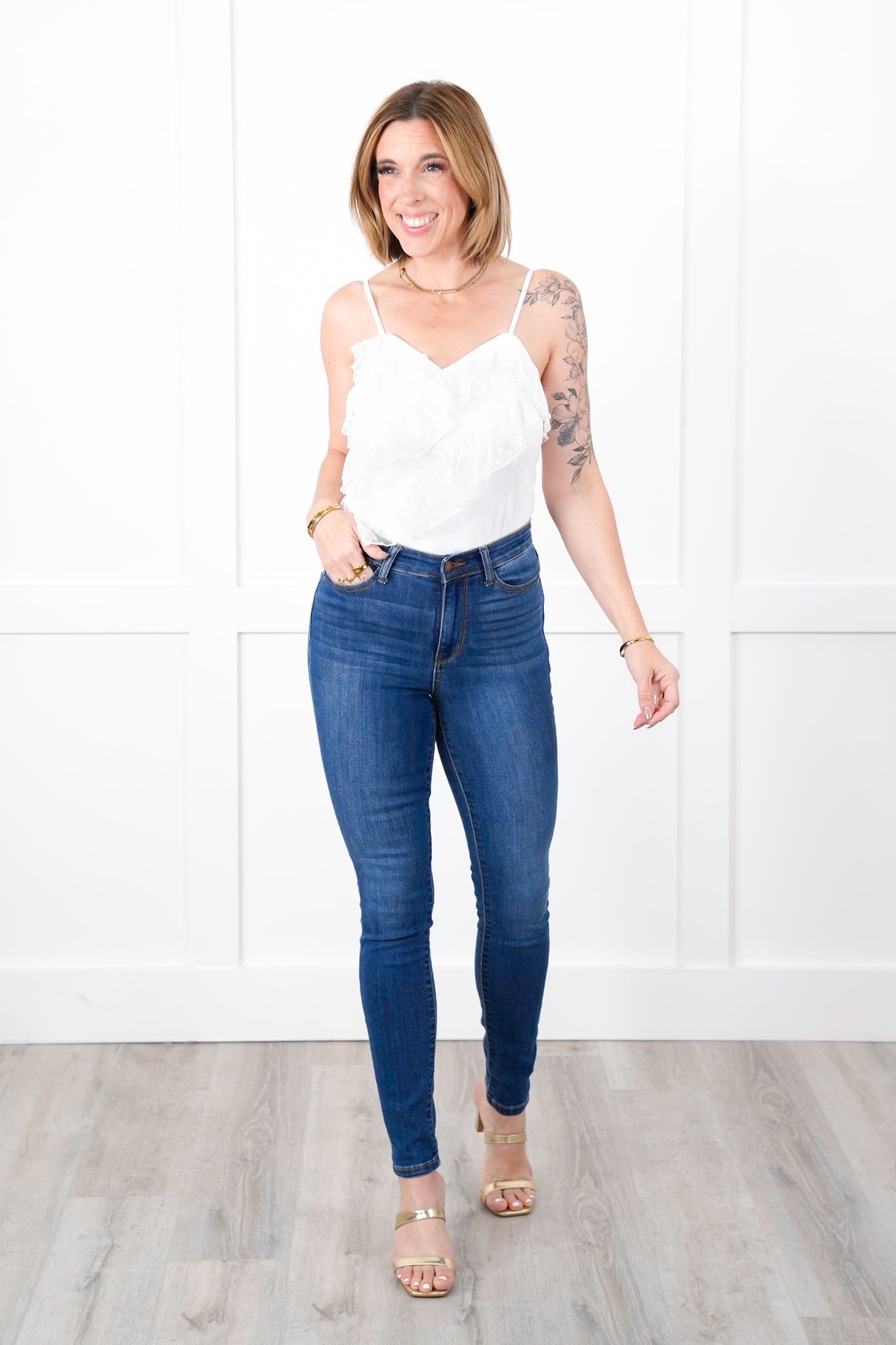 Plus/Reg White Sleeveless Bodysuit with Heart Mesh Ruffle Detail