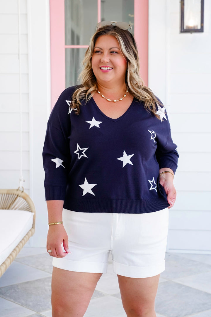 Navy Star Print V Neck Sweater