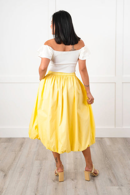 Yellow Elastic Waist Midi Bubble Skirt with Side Pockets