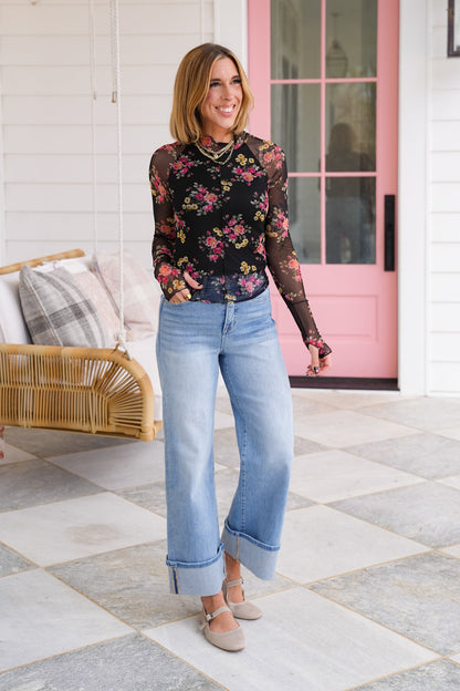 Plus/Reg Floral Long Sleeve Mock Neck Mesh Top