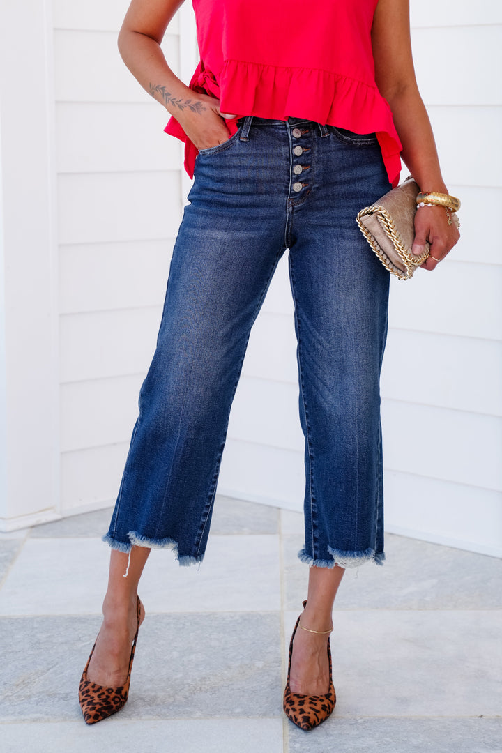 Judy Blue High Rise Medium Wash Button Fly Distressed Hem Cropped Wide Leg Jeans