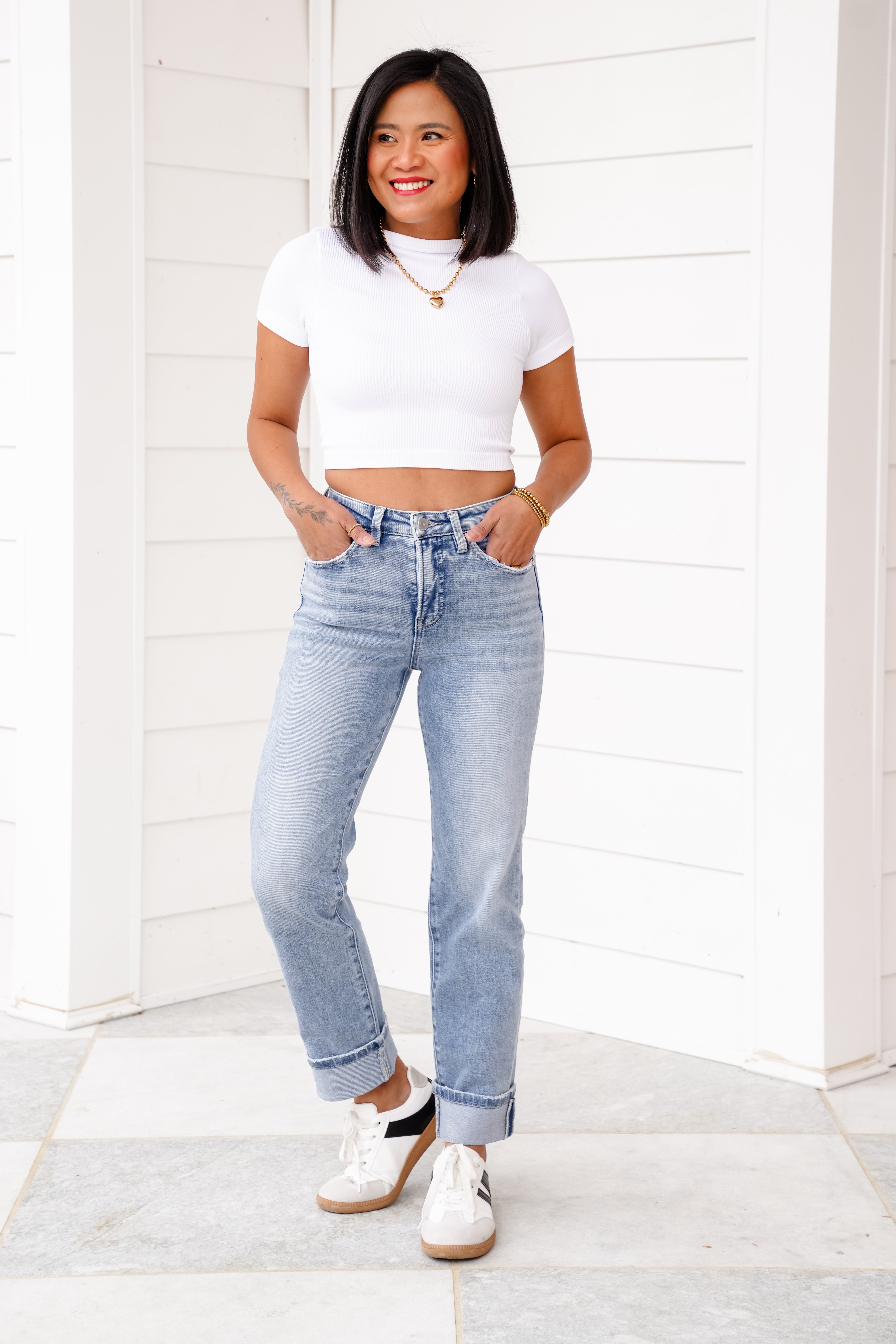 Risen High Rise Light Wash Tummy Control Straight Leg Cuffed