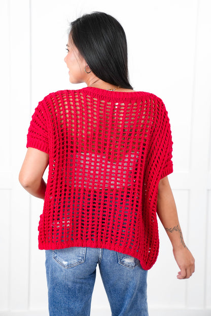 Loose Knit Short Sleeve Sweater with Sequin Baseball Patch Detail