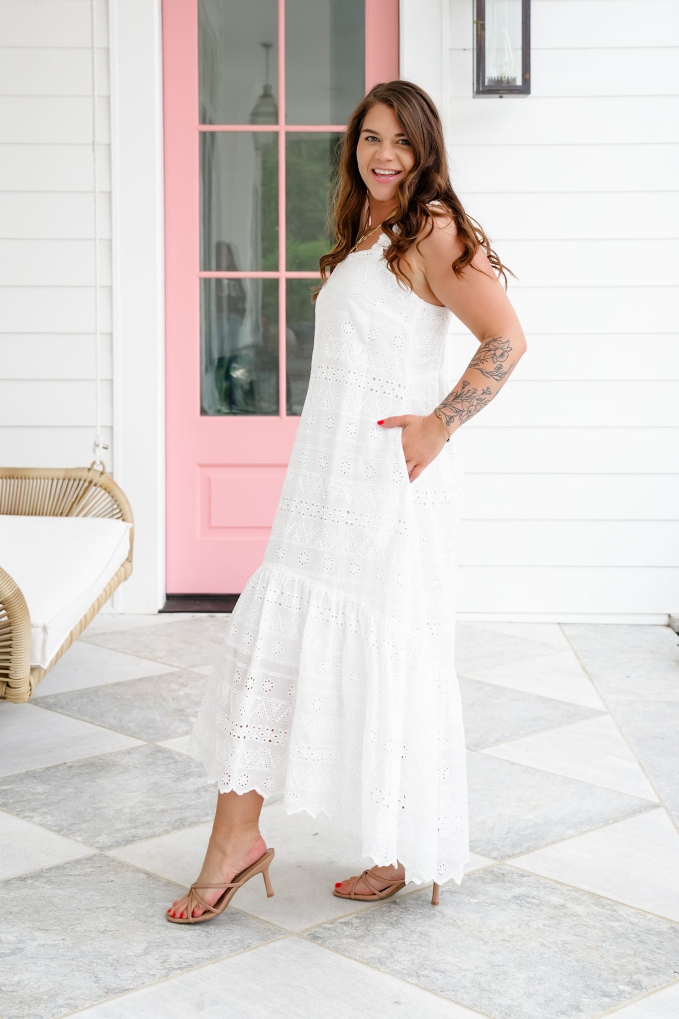Plus/Reg Sleeveless White Eyelet Scalloped Hem Dress