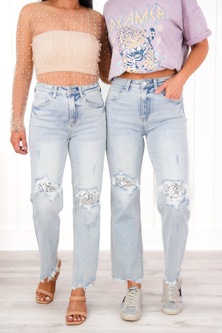 Risen High Rise Acid Wash Sequin Knee Patches Relaxed Straight Leg Jeans