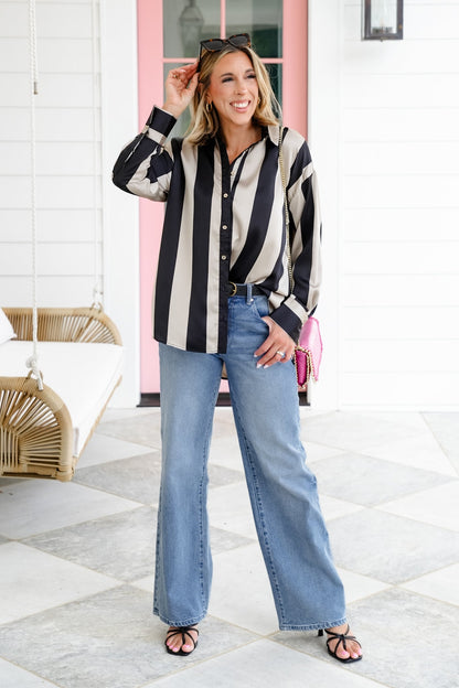 Satin Stripe Long Sleeve Button Down Blouse