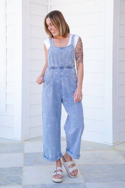 Plus/Reg Denim Overalls with Daisy Embroidered Detail