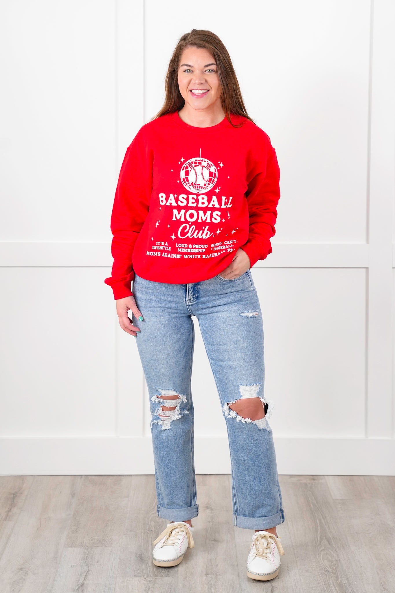 Plus/Reg Long Sleeve "Baseball Moms Club" Graphic Sweatshirt