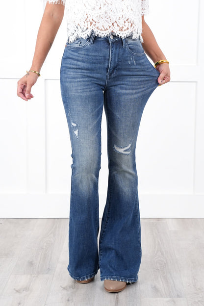 Judy Blue High Rise Dark Wash with Contrast Distressed Flare Jeans