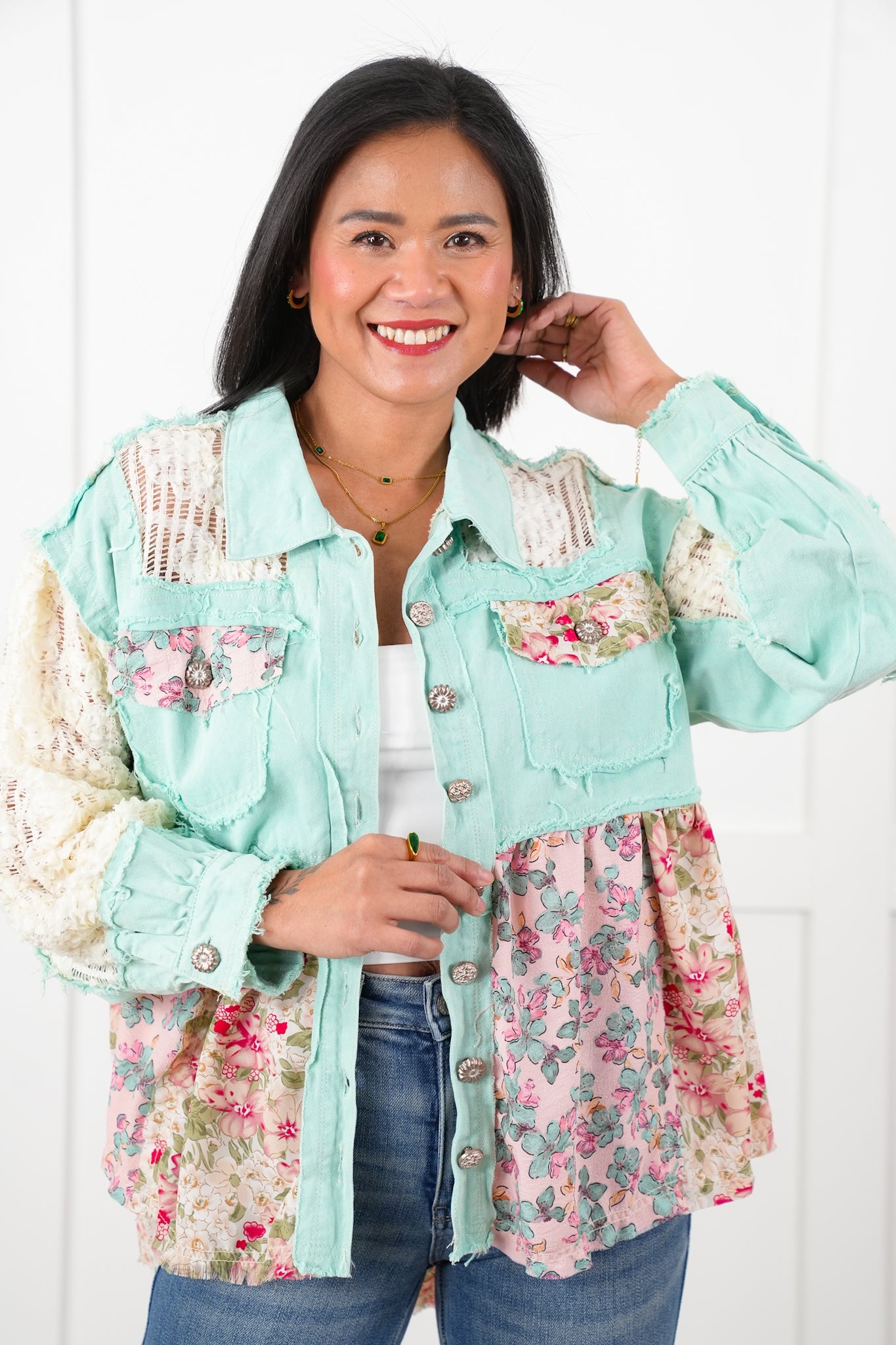 POL Mint Twill Long Sleeve A-Line Jacket with Crochet and Floral Detail