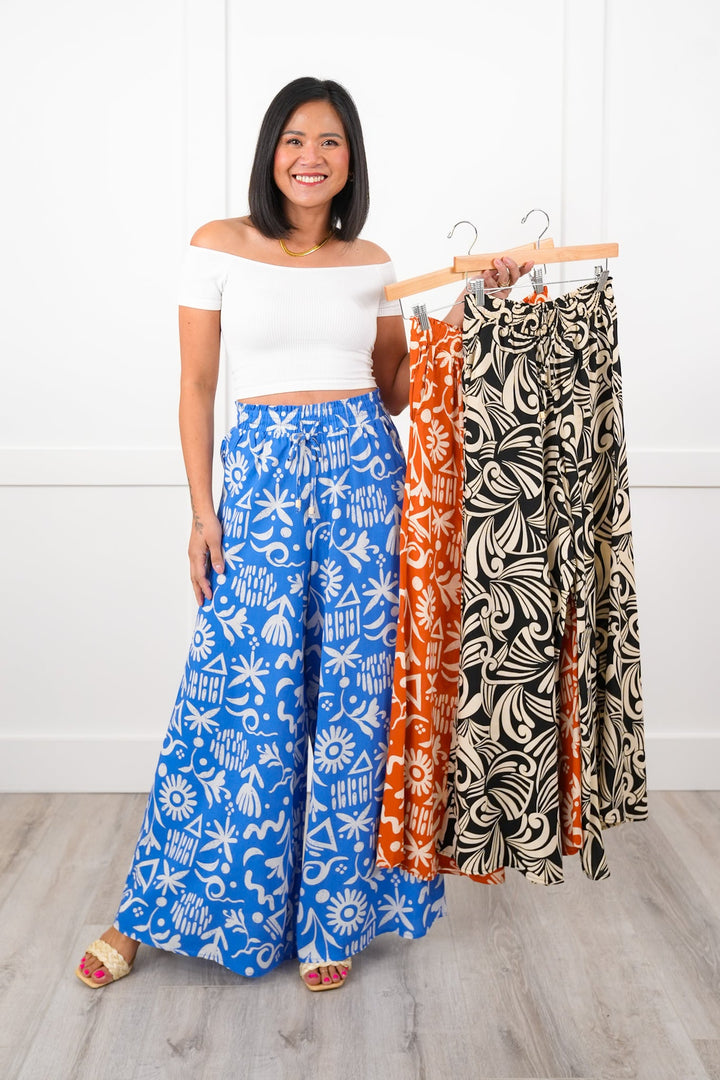 Plus/Reg Tropical Print Elastic Waist Wide Leg Pants