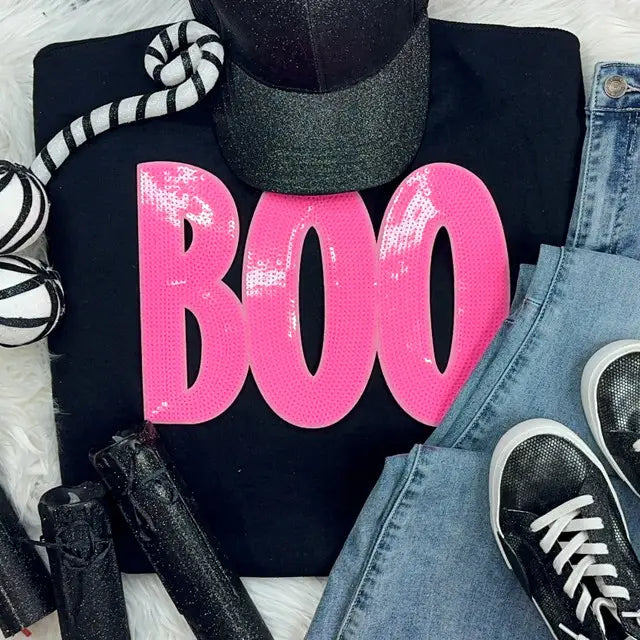 Plus/Reg Black Long Sleeve "Boo" Graphic Sweatshirt