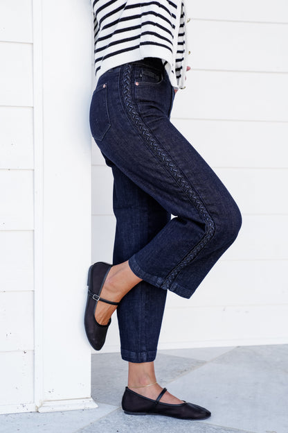 Judy Blue High Rise Dark Wash Cropped Jeans with Side Seam Braid Detail