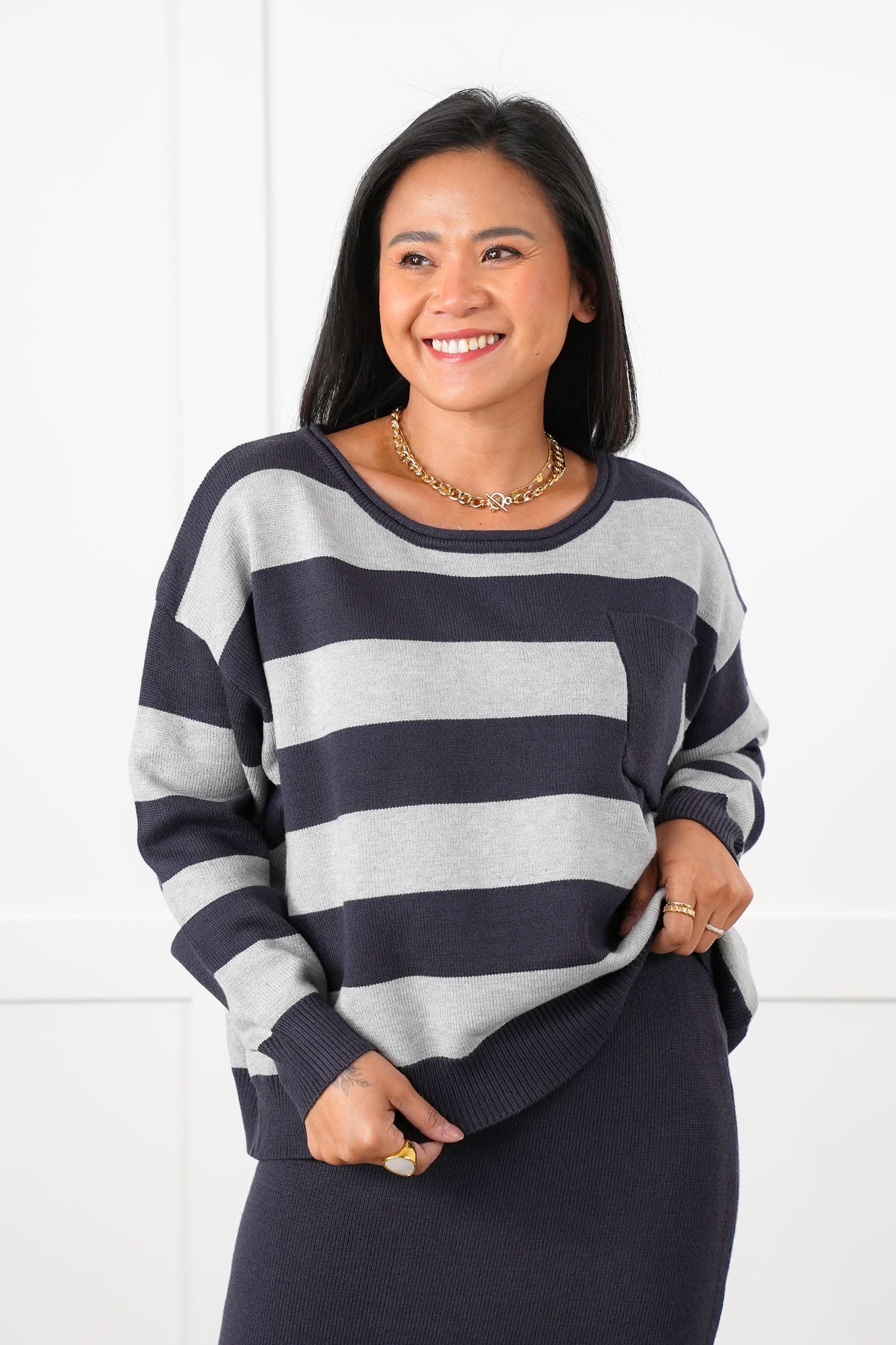 Stripe Long Sleeve Sweater and Pencil Skirt Set