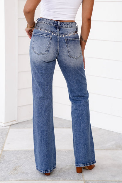 KanCan High Rise Medium Wash Wide Leg Flare Jeans with Stud Embellishment
