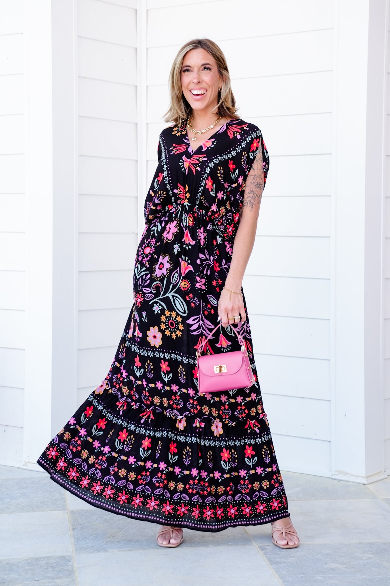 Black Floral Print Short Dolman Sleeve Maxi Dress with Side Pockets