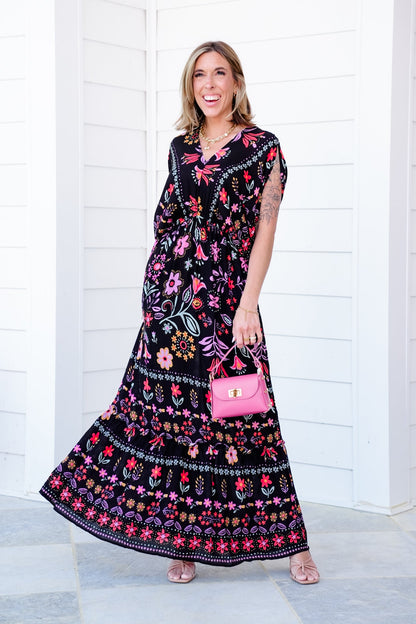 Black Floral Print Short Dolman Sleeve Maxi Dress with Side Pockets