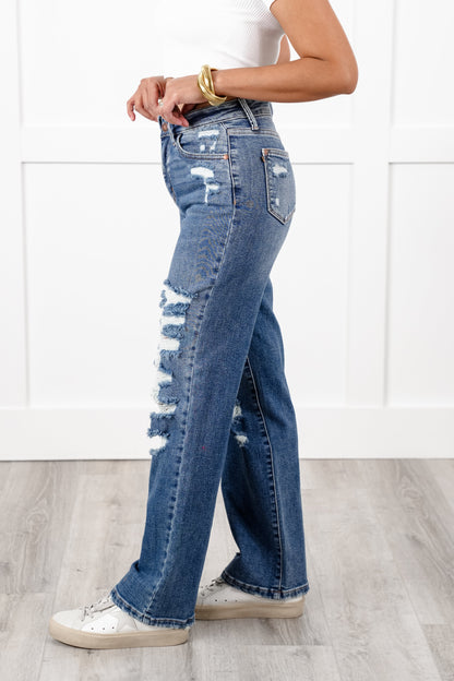Judy Blue High Rise Medium Wash Heavy Distressed Straight Leg Jeans