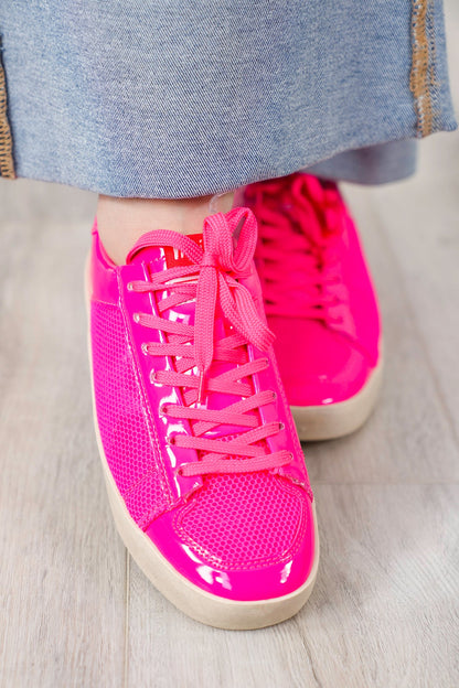 Patent Finish Low Top Sneaker with Mesh Panel Accents
