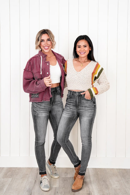 Judy Blue 50 Shades of Grey High Rise Grey Wash Tummy Control Skinny Jeans With Release  Hem