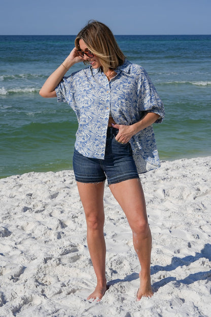 Tropical Print Short Doman Sleeve Button Down Top with Back Cut Out Detail